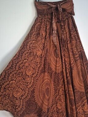 Bangkok Pants Boho Smocked 2-in-1 Maxi Skirt Dress Orange Brown Rayon S/M L/XL